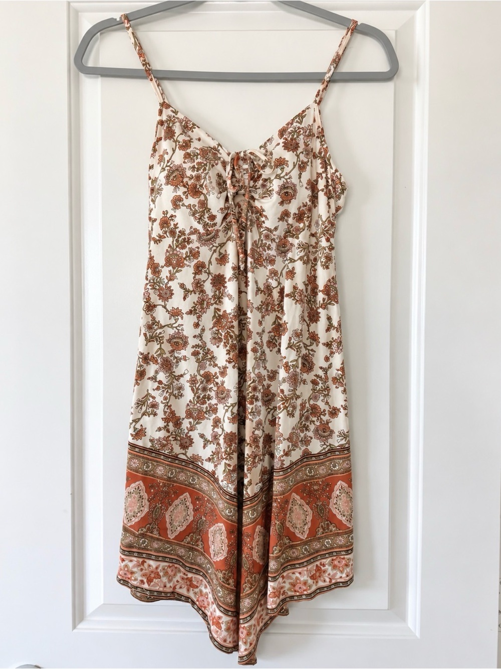 Women’s Cream Floral Print Dress with Rust Border